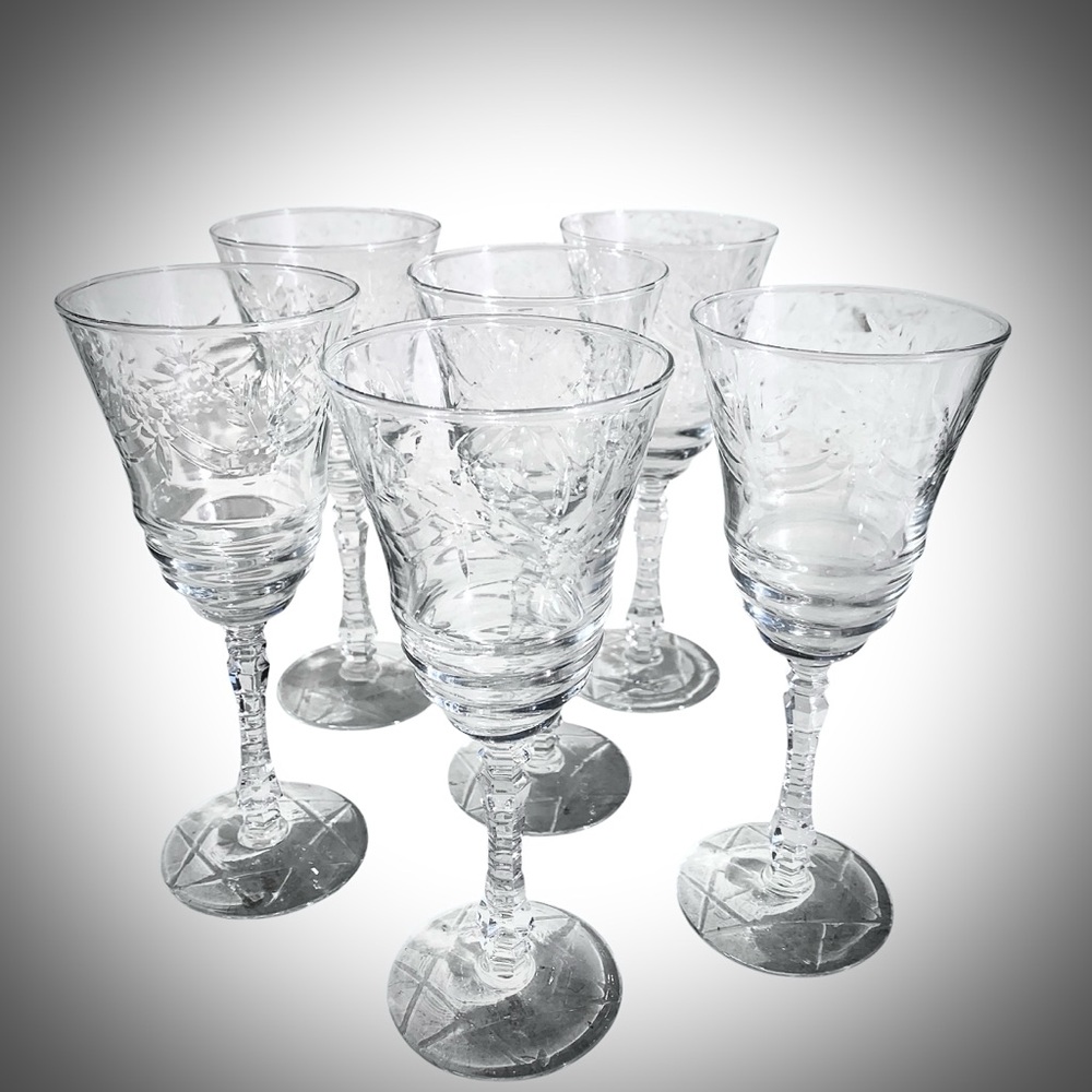 Vintage Rock Sharpe Crystal Water Goblets Wine Glasses | Arctic Rose | Set of 6